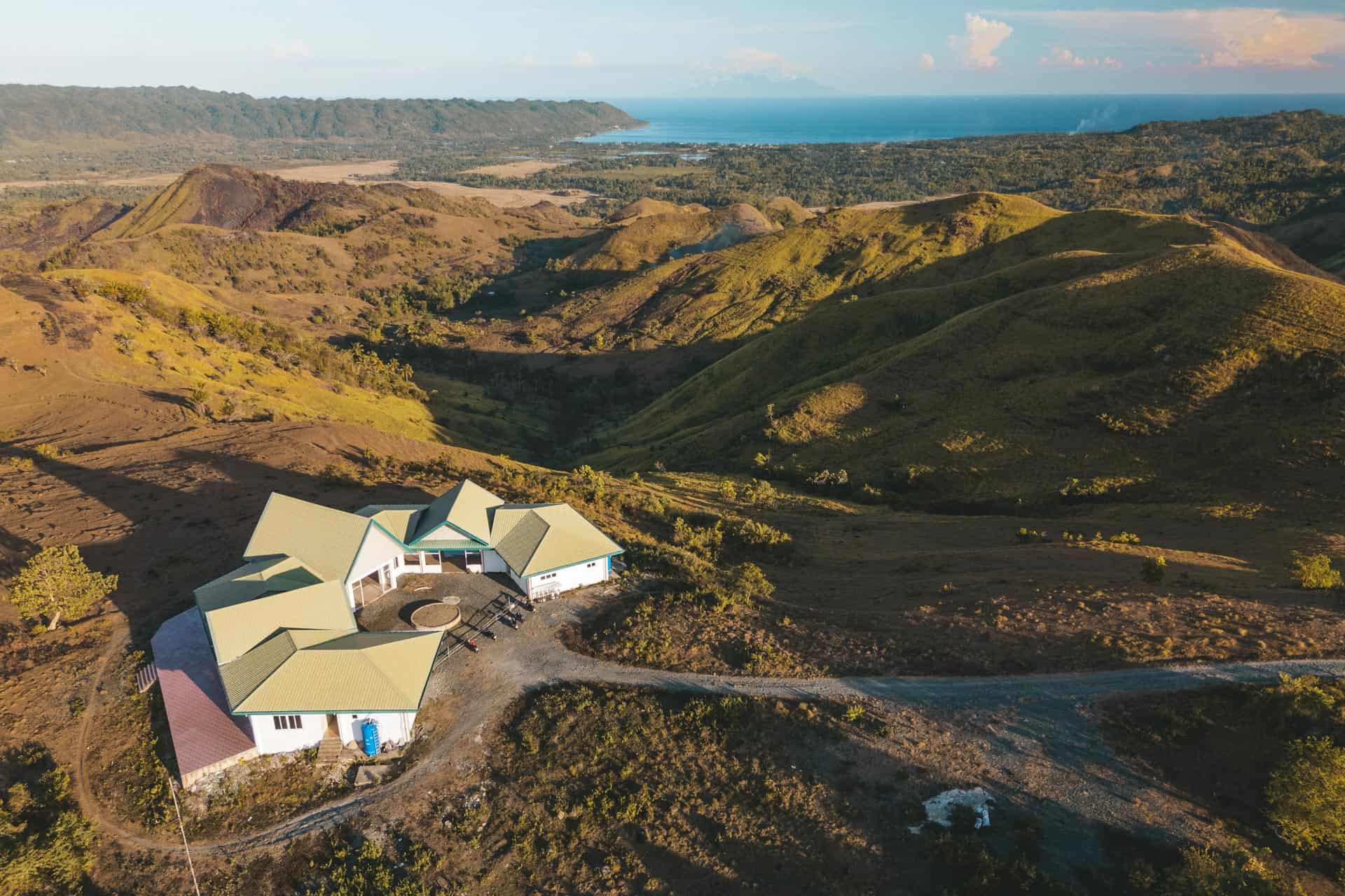 The viewpoint observatory deck at Kankoka Hills overlooking the green valleys